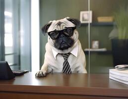 Depressed pug dog working in office. Concept of officer, chairman, chief or boss. image photo