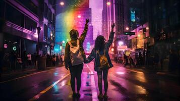 Couple on road with rainbow colored light.Concept of LGBT pride. photo