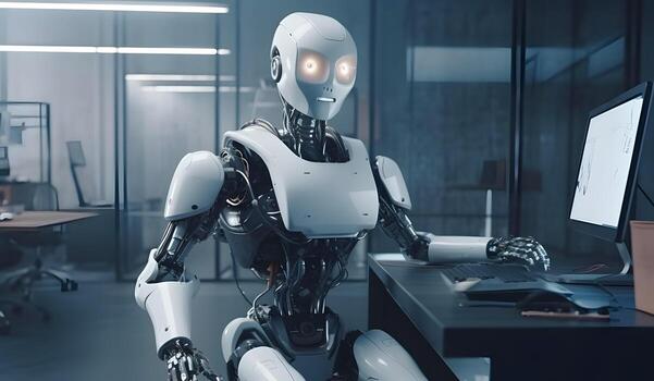 Futuristic robot using computer. photo