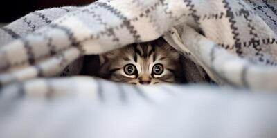 Cute kitten cat hidden under the blanket. photo