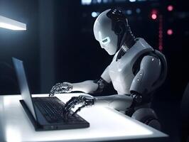 Futuristic robot using computer. photo