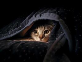 Cute kitten cat hidden under the blanket. photo