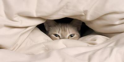 Cute kitten cat hidden under the blanket. photo