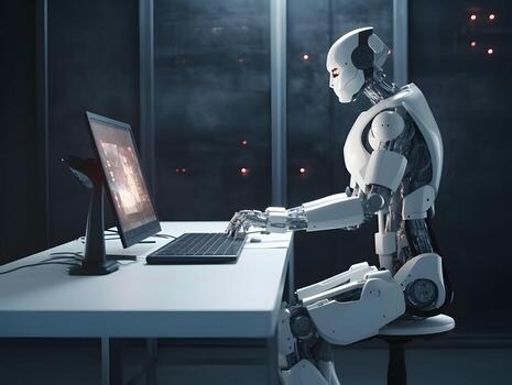 futurista robot utilizando computadora. ai generado foto