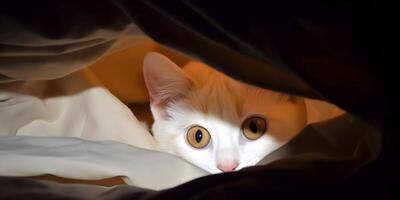 Cute kitten cat hidden under the blanket. photo