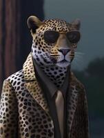 jefe leopardo con de moda traje abrigo. ai generado foto