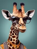 Giraffe with sunglasses wearing leather jacket. photo