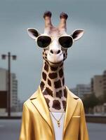 Giraffe with sunglasses wearing leather jacket. photo