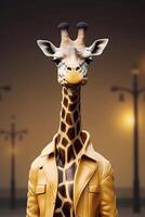 Giraffe wearing leather jacket. photo