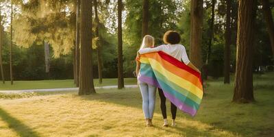 Two lesbian girls wrapped in rainbow flag. Concept of LGBT pride. photo