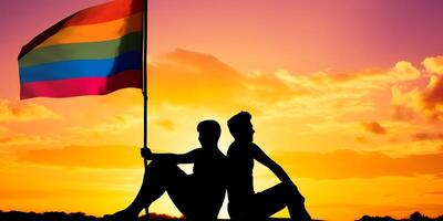 Two gay men with rainbow flag. Concept of LGBT pride. photo