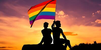 Two gay men with rainbow flag. Concept of LGBT pride. photo