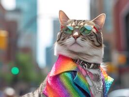 Pet cat in pride parade. Concept of LGBTQ pride. photo