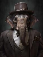 gángster elefante con de moda traje abrigo. ai generado foto