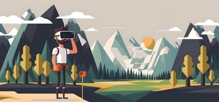 Man with VR headset traveling and experiencing virtual reality. photo