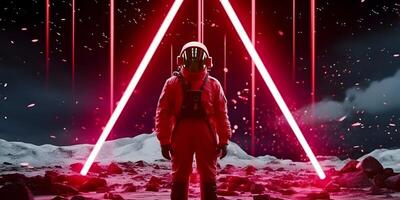 Spaceman the planet. Astronaut with neon lights. . photo