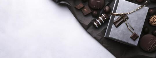 Various types of chocolate. Background with copy space. photo