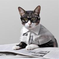 Cute pet cat with eyeglasses and newspaper. . photo