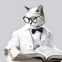 Cute pet cat with eyeglasses and opened book. . photo