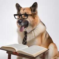 linda mascota perro con los anteojos y abrió libro. ai generado. foto