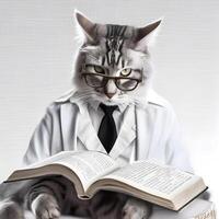 linda mascota gato con los anteojos y abrió libro. ai generado. foto
