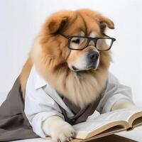 Chow Chow pet dog with eyeglasses and opened book. . photo