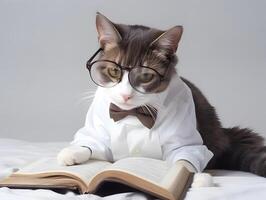 Cute pet cat with eyeglasses and opened book. . photo