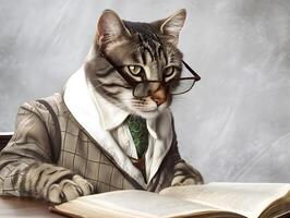 Cute pet cat with eyeglasses and opened book. . photo