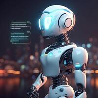 Robot beside data screen. Concept of chatbot with AI. photo