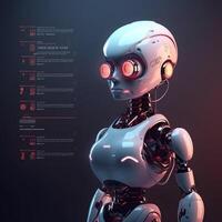 Robot beside data screen. Concept of chatbot with AI. photo