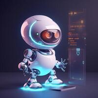 Robot beside data screen. Concept of chatbot with AI. photo