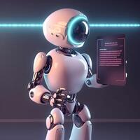 Robot holding tablet. Concept of chatbot with AI. photo