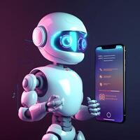 Robot beside smartphone. Concept of chatbot with AI. photo