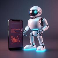Robot beside smartphone. Concept of chatbot with AI. photo
