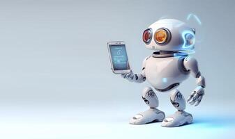 Robot holding smartphone. Concept of chatbot or ai assistant. photo