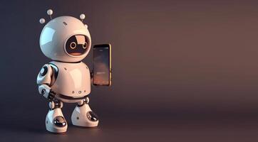 Robot holding smartphone. Concept of chatbot or ai assistant. photo