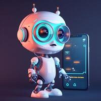 Robot beside smartphone. Concept of chatbot with AI. photo