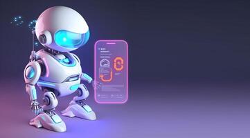 Robot beside smartphone screen. Concept of chatbot or ai assistant. photo