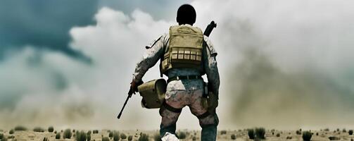 Back view of a soldier walking in battlefield. AI generated photo