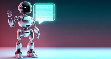 Robot with chat box. Concept of chatbot or ai assistant. photo