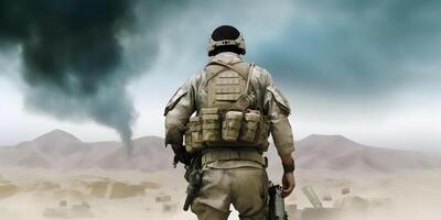 Back view of a soldier walking in battlefield. photo