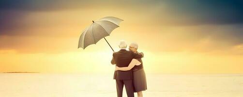 Elderly couple at sunset beach. Concept of elderly love. AI generated photo