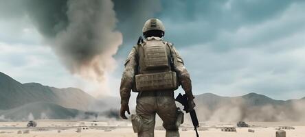 Back view of a soldier walking in battlefield. photo