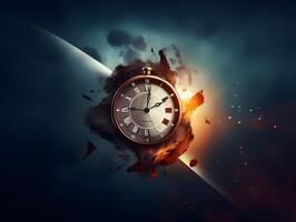 Clock with roman numbers. Concept of time flies, time passing, time exploration. photo