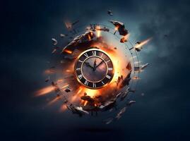 Clock with roman numbers. Concept of time flies, time passing, time exploration. photo