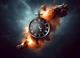 Clock with roman numbers. Concept of time flies, time passing, time exploration. photo