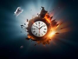 Clock with roman numbers. Concept of time flies, time passing, time exploration. photo