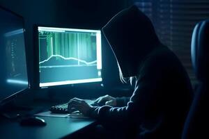 Hacker typing computer. Concept of cybercrime, cyberattack, dark web. photo