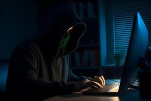 Hacker typing computer. Concept of cybercrime, cyberattack, dark web. photo