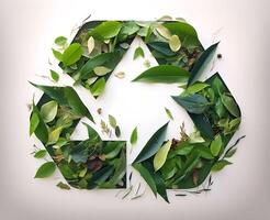 Recycling symbol ornate with green leaves and flowers. . photo